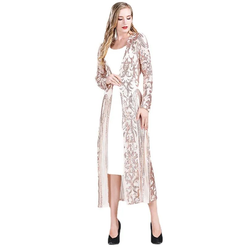 Celebrity leichte Luxus-Strickjacke mit Pailletten, langärmelige Jacke, Perlenschal, Party-Vertuschung, durchsichtige, lange Strickjacke aus Netzstoff