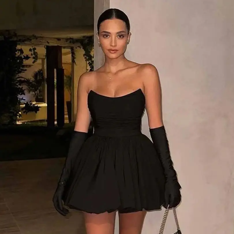 Fashion Chic Solid Black Strapless Mini Dress Summer 2024 Sexy Off Shoulder Party Evening A-line Pleated Mini Dresses Vestidos