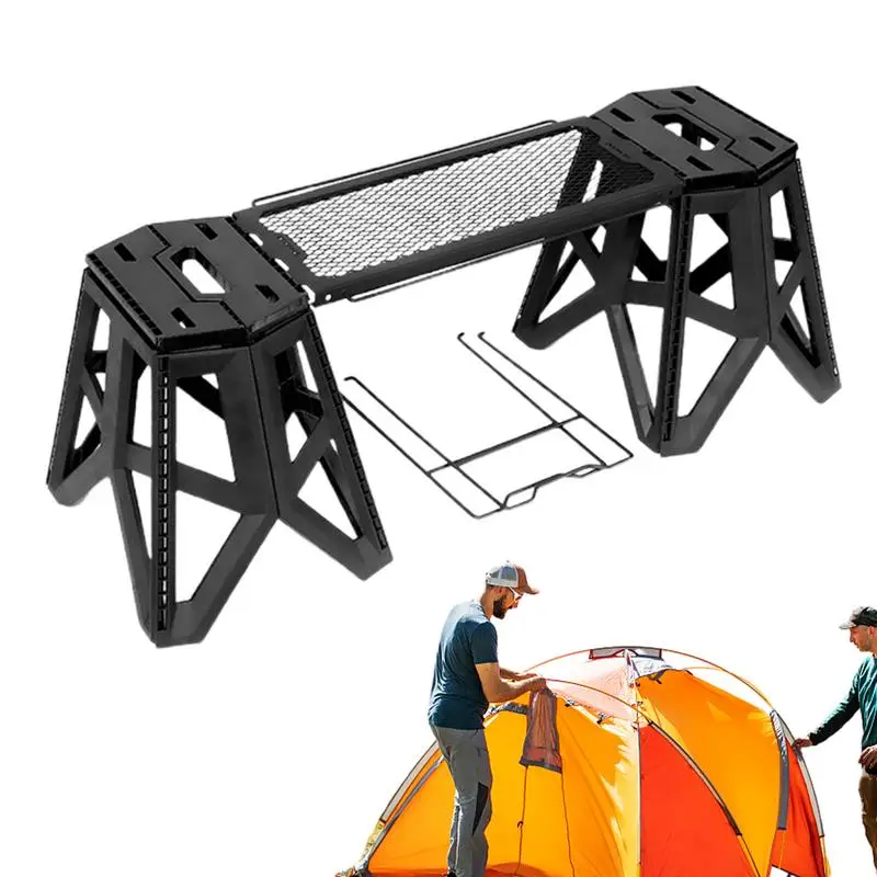 Folding Grill Table Camping Portable Wrought Iron Storage Rack Outdoor Grill Table Folding Picnic Table Stool Side Hangable Mesh