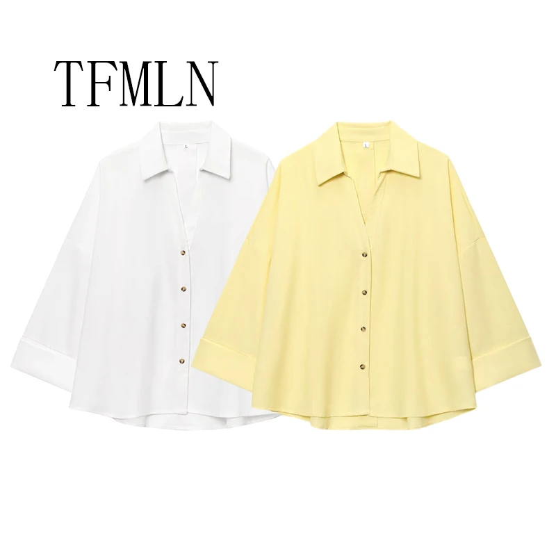 

TFMLN Fashion Loose Blouses For Women 2025 Spring Summer Lapel Single Breasted Loose Chic Shirts High Street Sweet Tops