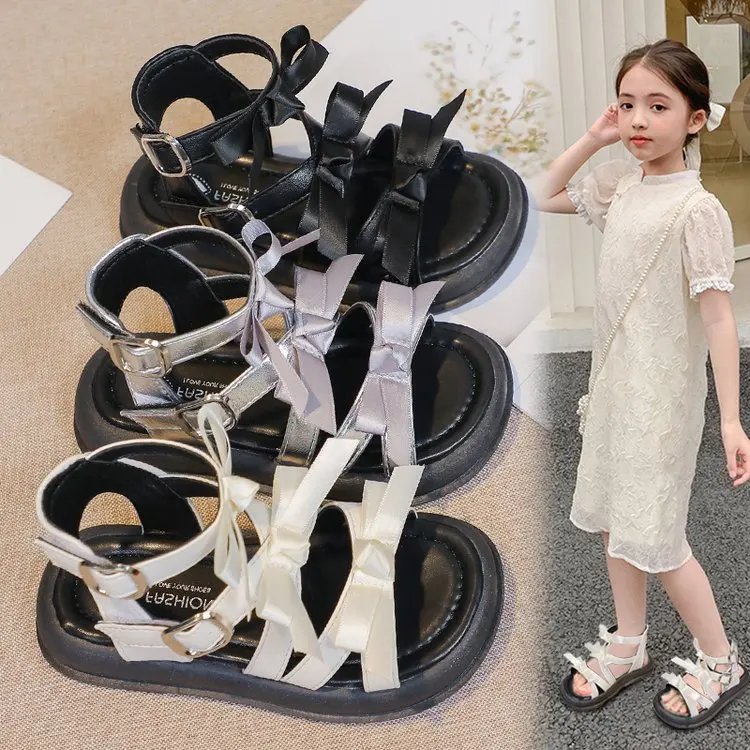 

Kids Princess Strap Sandals for Girls 2025 Summer Non-slip Toddler Beach Barefoot Shoes with Cute Bow Elegant Chic Roman Shoes