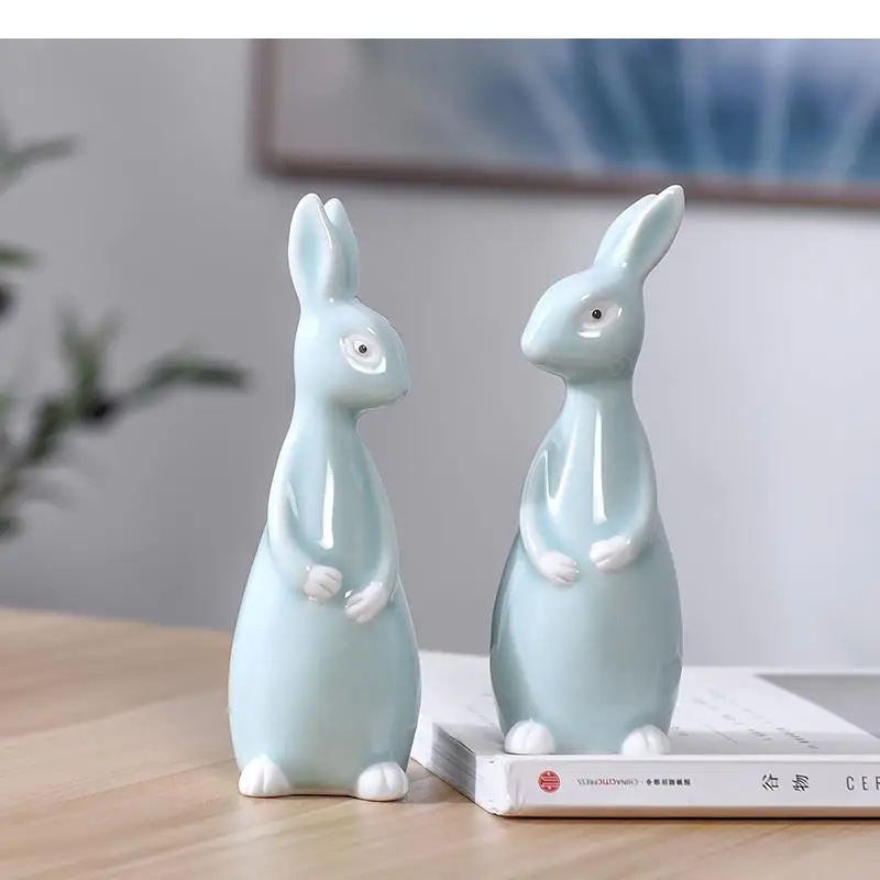 Ceramics Rabbit Celadon Couple Simulation Animal Statue Handmade Crafts Ornaments Modern Home Decoration Figures