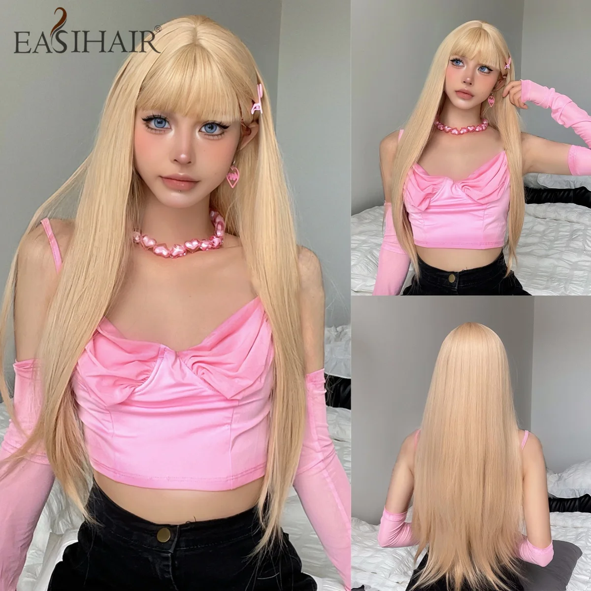 

Synthetic Blonde Hair Wig Light Blonde Long Straight Wigs with Bangs for Women Lolita Cosplay Natural Hair Wig Heat Resistant