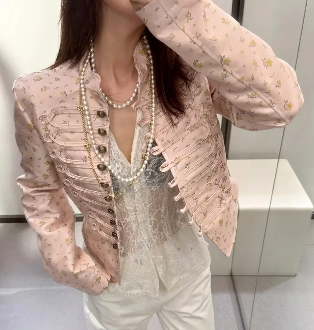Guobioziy 2026 Women's Jacket Fall New Arrival Light Pink Printed Long-Sleeve Button-Detail Biker-Style Jacket Trendy Fashion