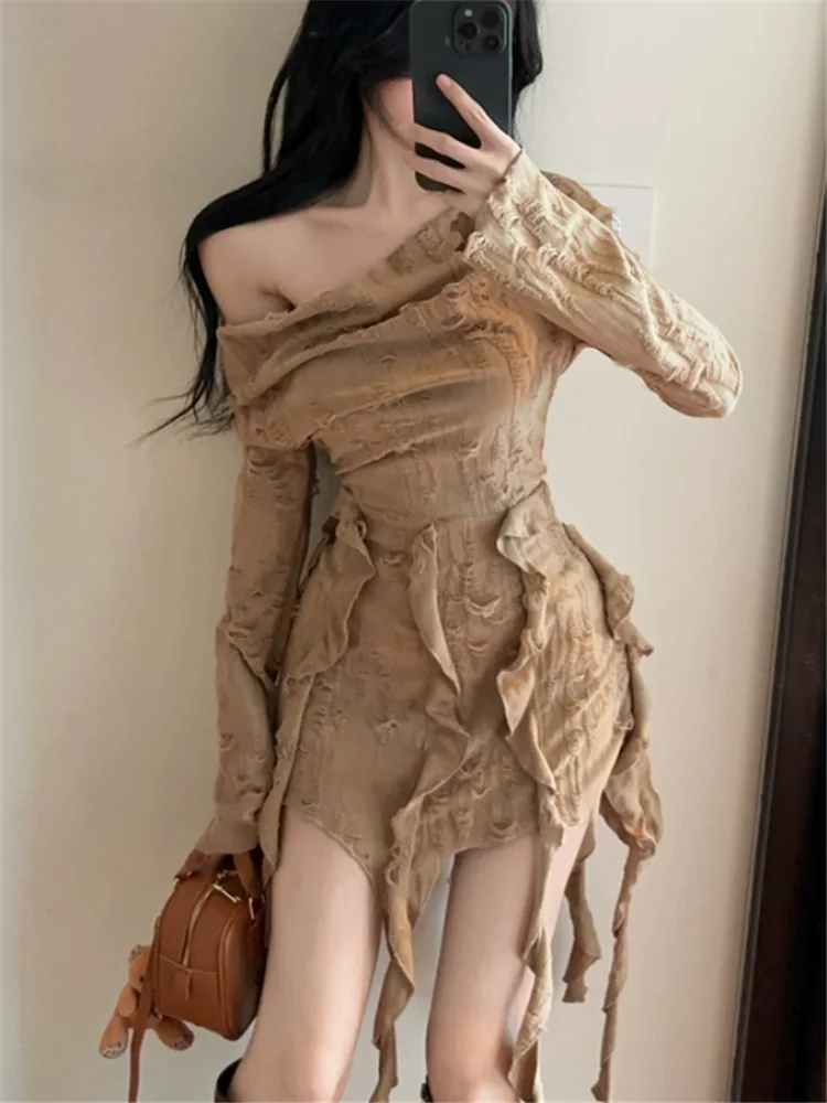 Wasteland Punk Style Fashion Ripped Irregular Mini Dress Slash Neck Women 2025 New Spring Ruffles Ribbon Long Sleeve Short Dress