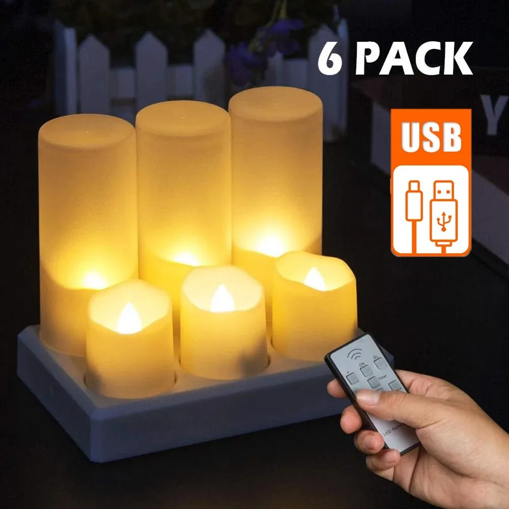 6Pcs Modern Simple Flameless Candle Lights Rechargeable Remote Control LED Candle Tea Light  for Wedding Valentine Home Party