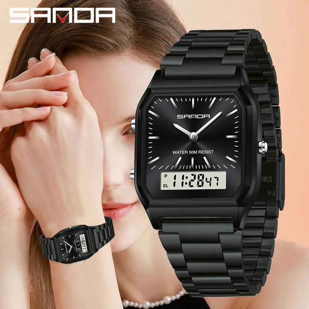 SANDA G style Unisex LED Digital Sport Watch Men Steel Strap Dual Display Women Boys Girl Military Waterproof Quartz Wristwatch