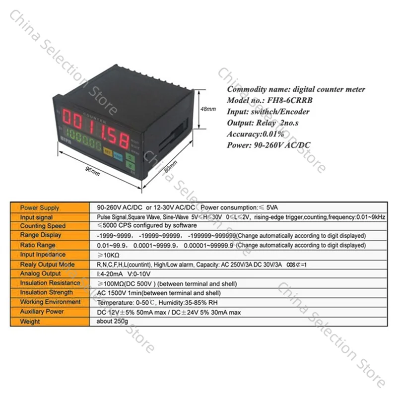 

Mypin FH8-6CRRB Цифровой счетчик с двойным дисплеем, 6-значный светоизлучающий диод, измеритель длины переменного/постоянного тока, черный CX