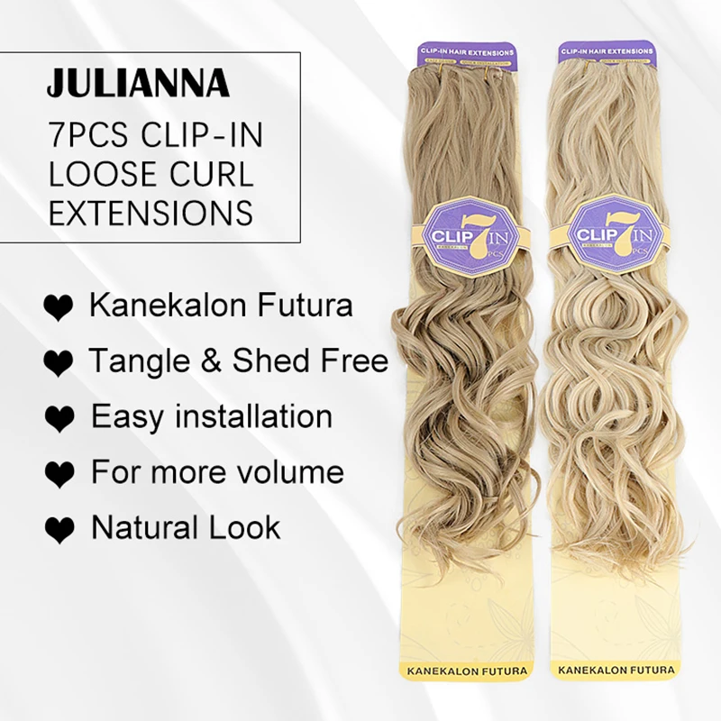 Julianna Futura Fibre Kanekalon Wholesale 24inch 150g Clip-in 7 in Packs Cardboard Loose Curly Synthetic Clip In Hair Extensions