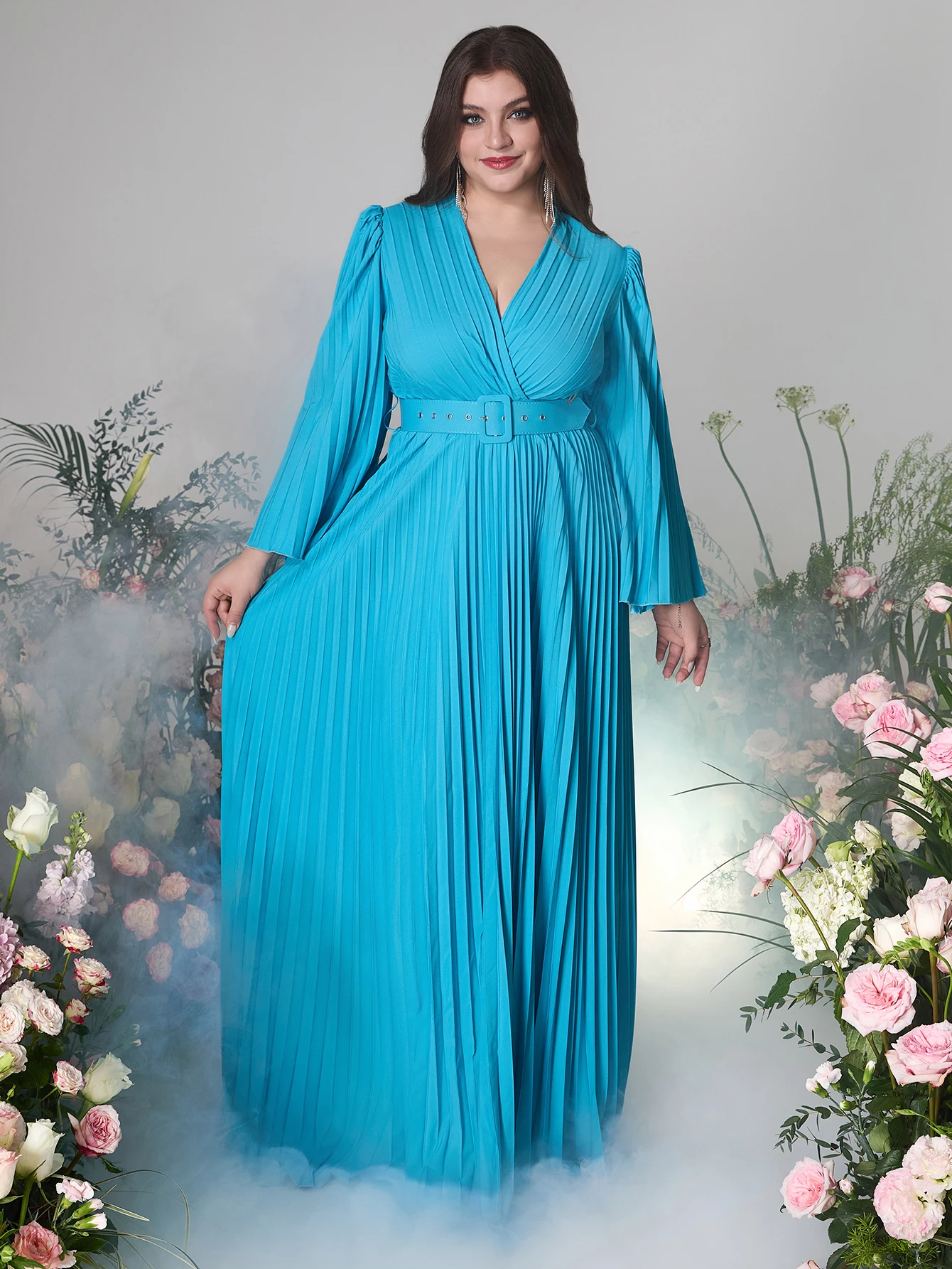 Plus Size Pleated Dress for Women Long Sleeve V-Neck Party Evening Dress Solid Color Elegant Fashionable Maxi Dresses 2024 New