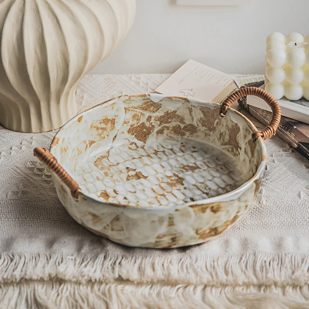 Texture Home Fruits Serving Bowls Weaving Double Handle Irregular Round Ceramic Bowls 875ML Household Salad Dinner Plates