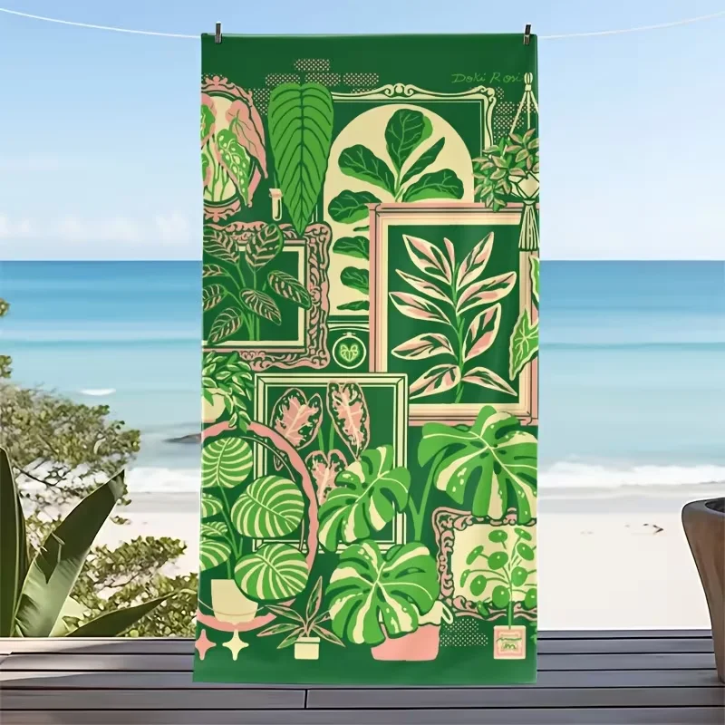 Retro House Plant Print Beach Towel Green Botanical Gallery Pattern Quick Dry Sand-Free Absorbent Soft Towel for Summer Swimming