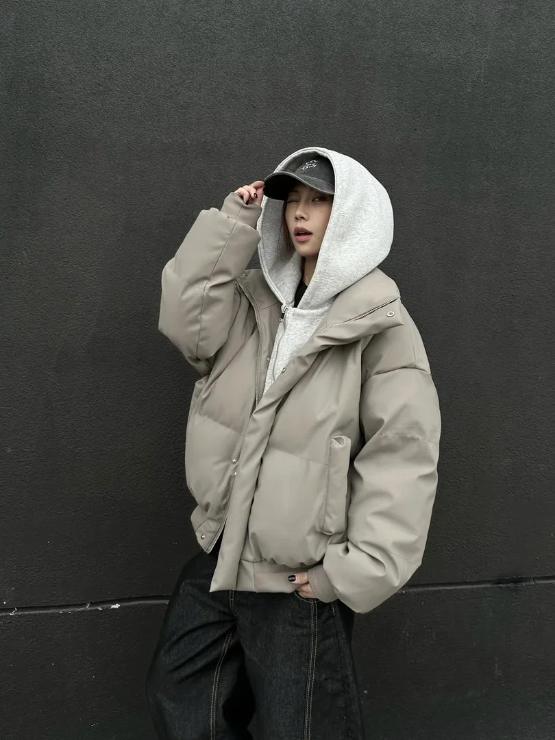 

Winter Thiened Warm ort PU Leather Cotton Jaet with Hood for Men Couple's Outerwear Youth Faion Casual Zipper Closure