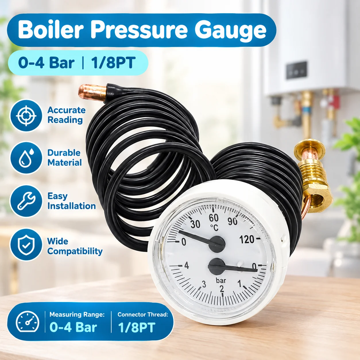 Wall Mounted Boiler Pressure Gauge 0-4 Bar 0-120C Capillary Thermo Pressure Meter G1/4 for Gas Water Heater HVAC System