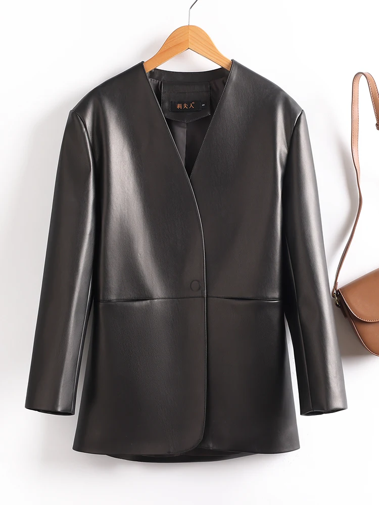 Leather Jacket Women Short Covered Button Pockets Coats Chic Office Ladies Split Sheep Leather Korean Loose Outwear