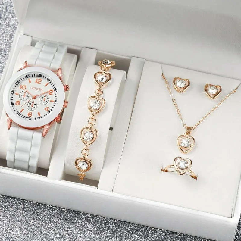 5/2 Uds. Reloj de lujo para mujer, anillo, collar, pendientes, reloj de pulsera de moda con diamantes de imitación, relojes informales para mujer, conjunto de pulsera, reloj