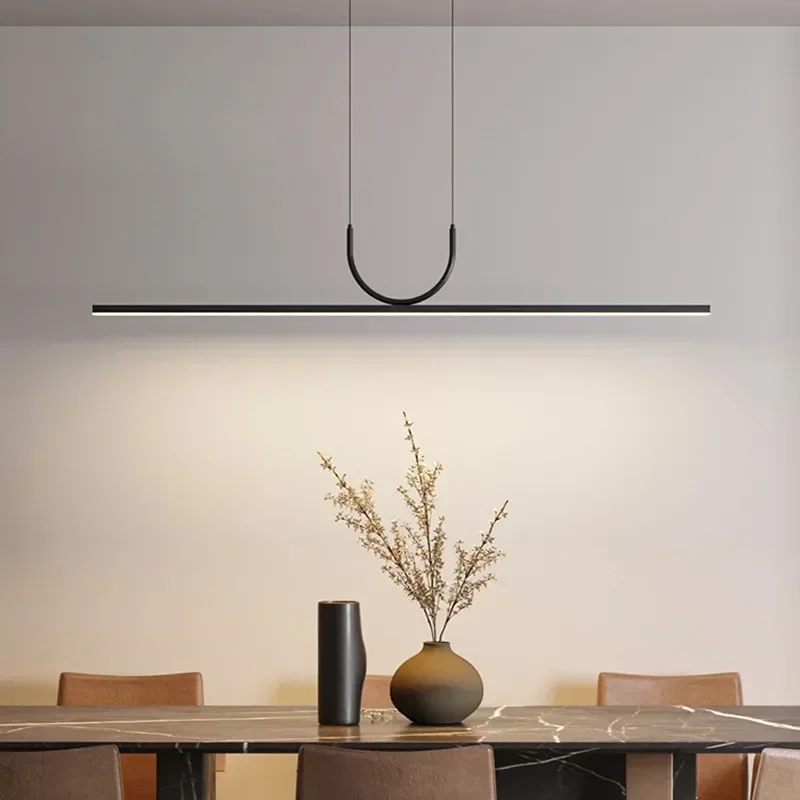 Luz colgante minimalista para restaurante, luces largas de comedor europeas, diseño negro, cobre