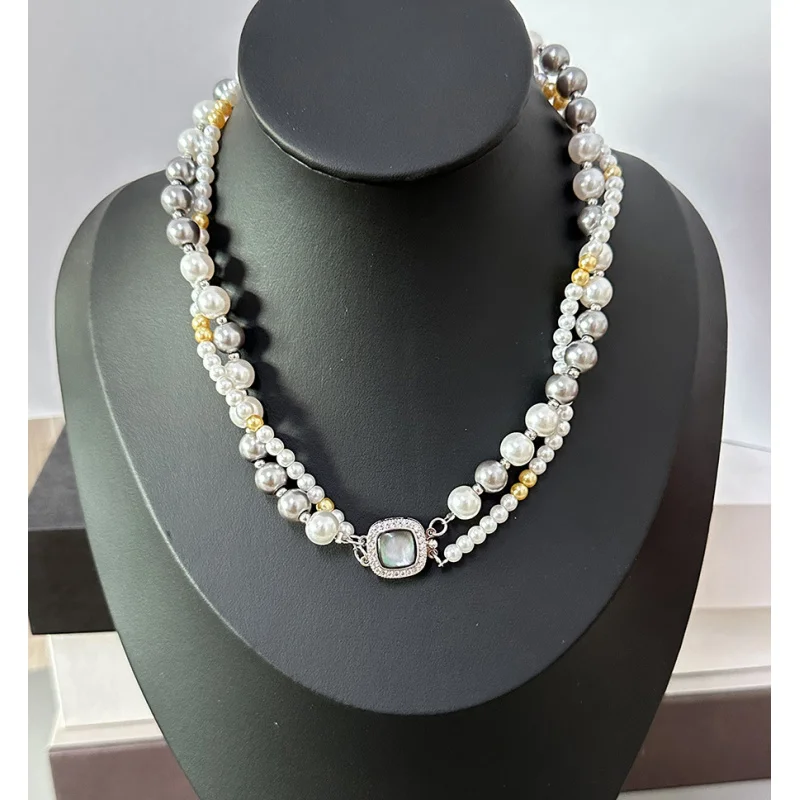 French Style Retro Luxury Mixed Color Pearl Double Layer Miserable Around Twin Necklace Wholesale