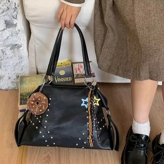 

American Vintage Y2k PU Leather Rivets Large-capacity Storage Bag Tote Bags Handbag Shoulder Bag Crossbody Bags Woman Bag