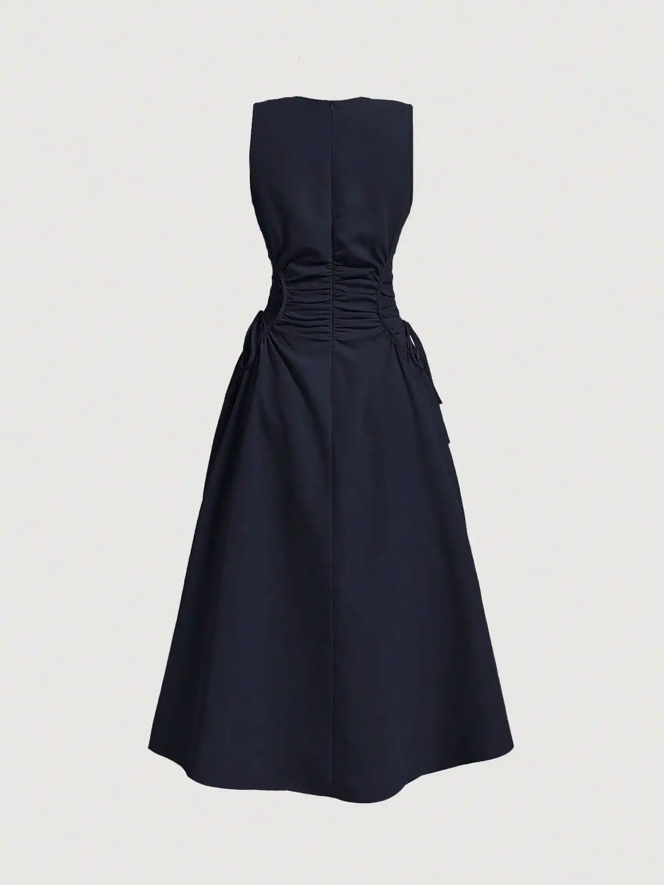 

Navy Solid A-Line Midi Dress With Ruched Waist And Side Tie Detail For Evening Or Casual Wear