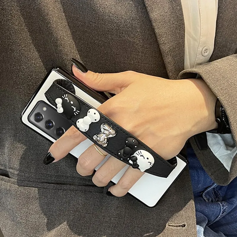 Cute Wrist strap PU Leather Phone Case For Samsung Galaxy Z Fold 3 2 Wristband Cover for Galaxy ZFold 5 4 Z Fold 7 6 Funda Coque
