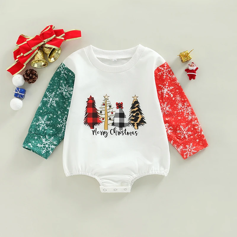 

Infant Girls Winter Holiday Jumpsuit with Long Sleeves and Round Neckline Featuring Snowflake and Christmas Tree Print