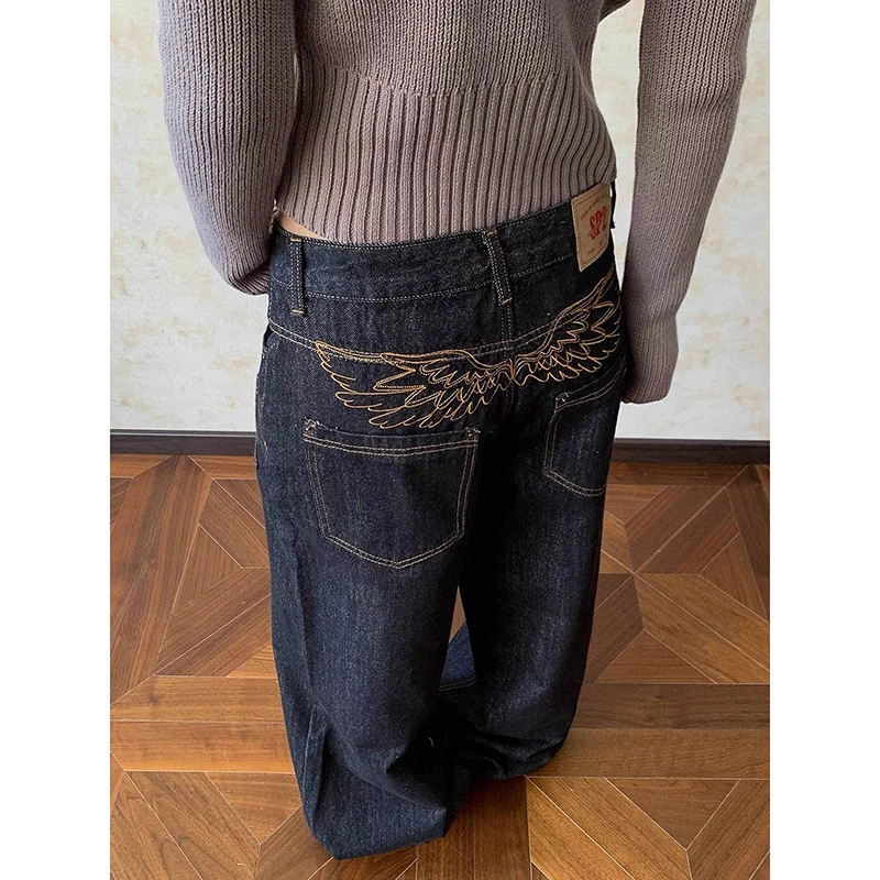 Celana Jeans Wanita ZHIZOU Model Baggy Bordir Gaya Grunge Jepang Low Rise Y2K Denim Estetika 2000-an Harajuku Abi Grunge Cyber Punk