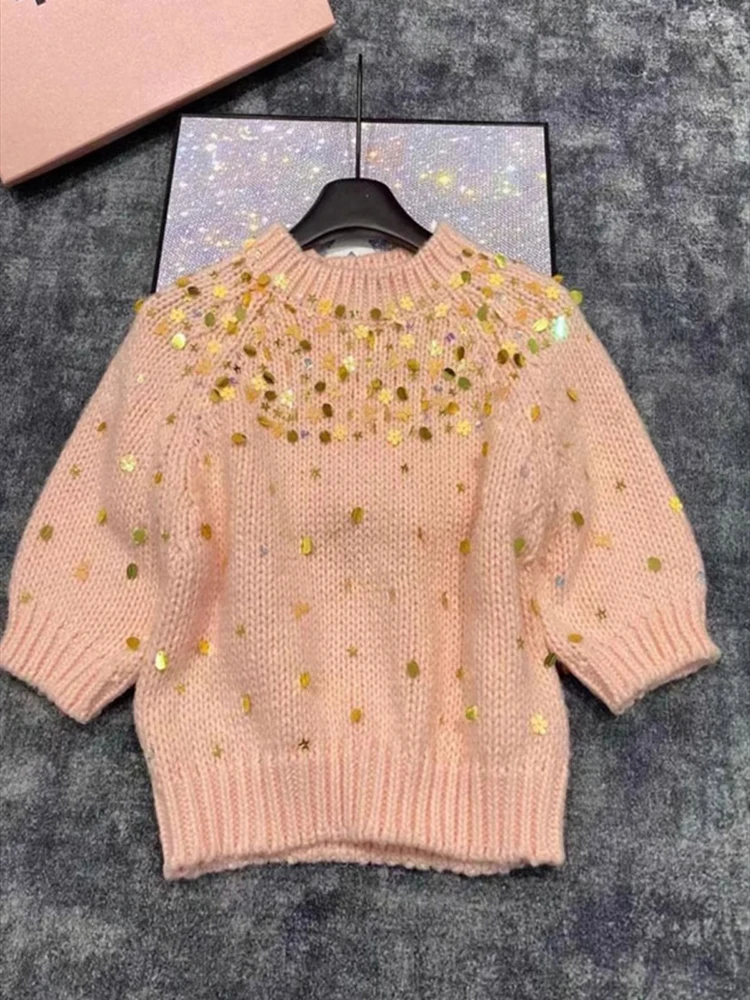 

Sequins Elegant Knit Sweater Pullover Women Short Sleeve Knitwear Tops Stylish Chic Fashion Ladies Jumper 2025
