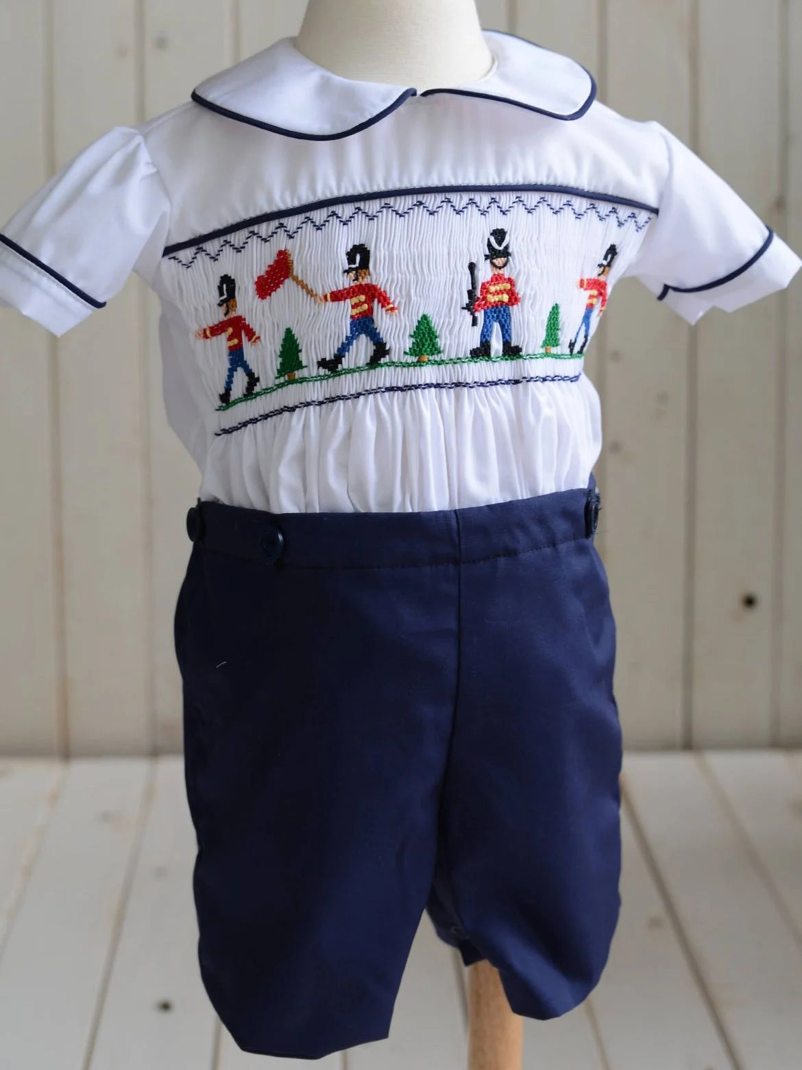 0-6Y Boy Summer White Navy Blue Smocked Outfit Suit