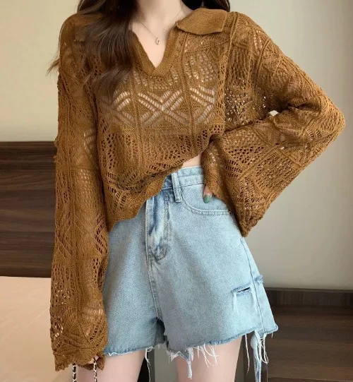 Camiseta de Punto con Cuello en V y Aberturas, Estilo Coreano, Manga Larga, Top Corto Holgado, Ropa de Playa, Top de Playa Dulce para Mujer