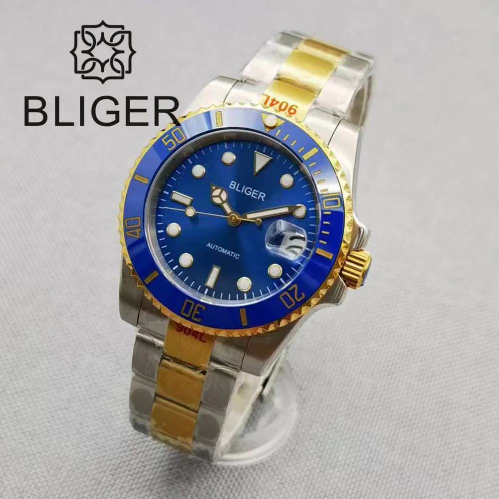 BLIGER 40mm Diver\'s Watch For Men Luxury Automatic Mechanical Wristwatches Sapphire Glass Luminous Two-tone Gold Stainless Steel