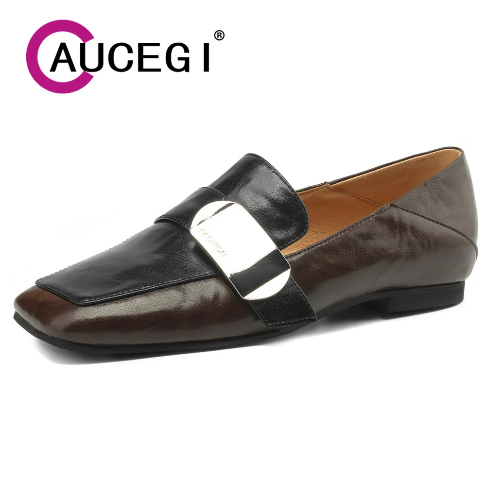 

Aucegi Women Casual Flats Spring Autumn New Retro Fashion Square Toe Sewing Mixed Color Genuine Leather Ladies Single Shoes