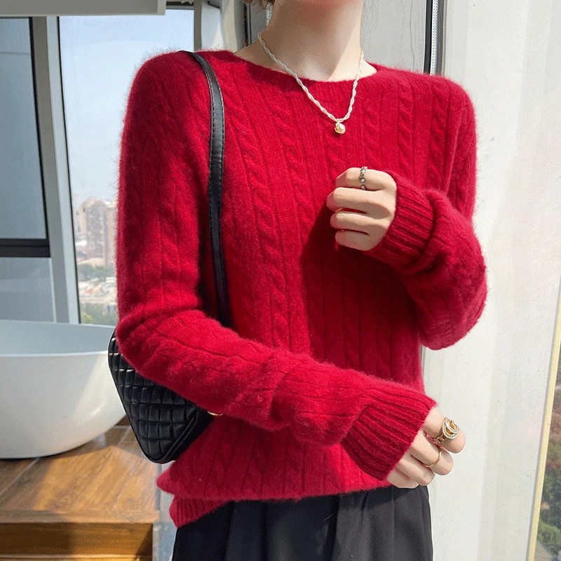 Autumn/winter new 100% Merino wool pullover cashmere sweater Women's round neck linen pattern warm bottom knit shirt top