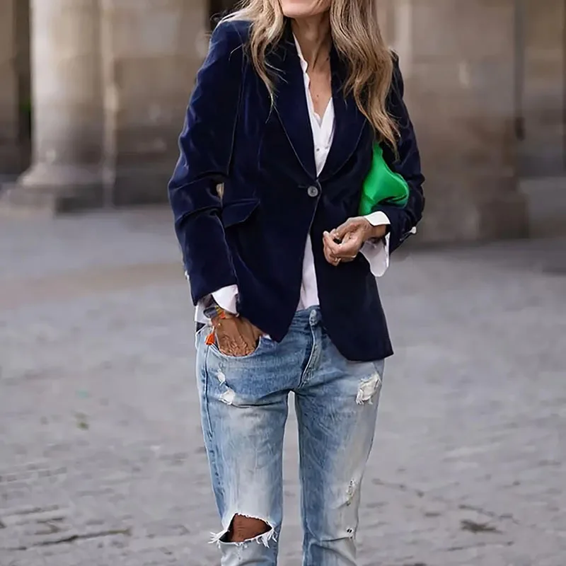 سترات نسائية كاجوال بأكمام طويلة وسترات قصيرة متينة شتوية أنيقة بأزرار مخملية بقصة ضيقة معطف خريفي أنيق بطية صدر السترة