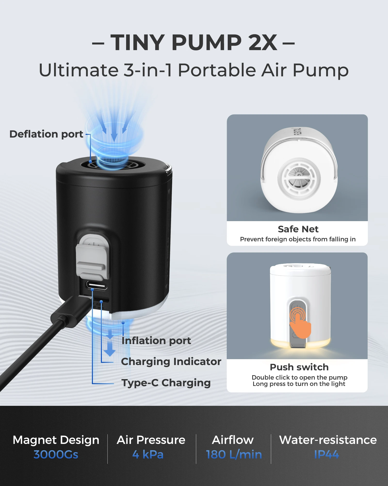 FLEXTAILGEAR TINY PUMP 2X - 4kPa Portable Air Pump with Camping Light and 1600mAh Battery for Air Bed Sleeping Pads Pool Floats