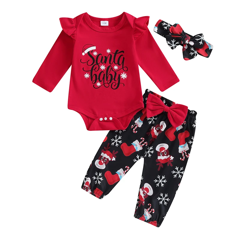 

0-18M Newborn Baby Girls 3 Piece Outfits Christmas Letter Print Flying Sleeve Romper and Reindeer Print Pants Headband Set