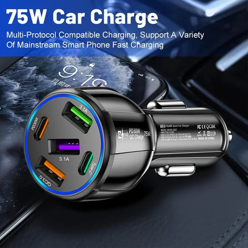 Multi Port Car Charger Phone Car Charger 75W Car Adapter Car Charger USB Car Adapter Multi-functional Car Charger Adapter For