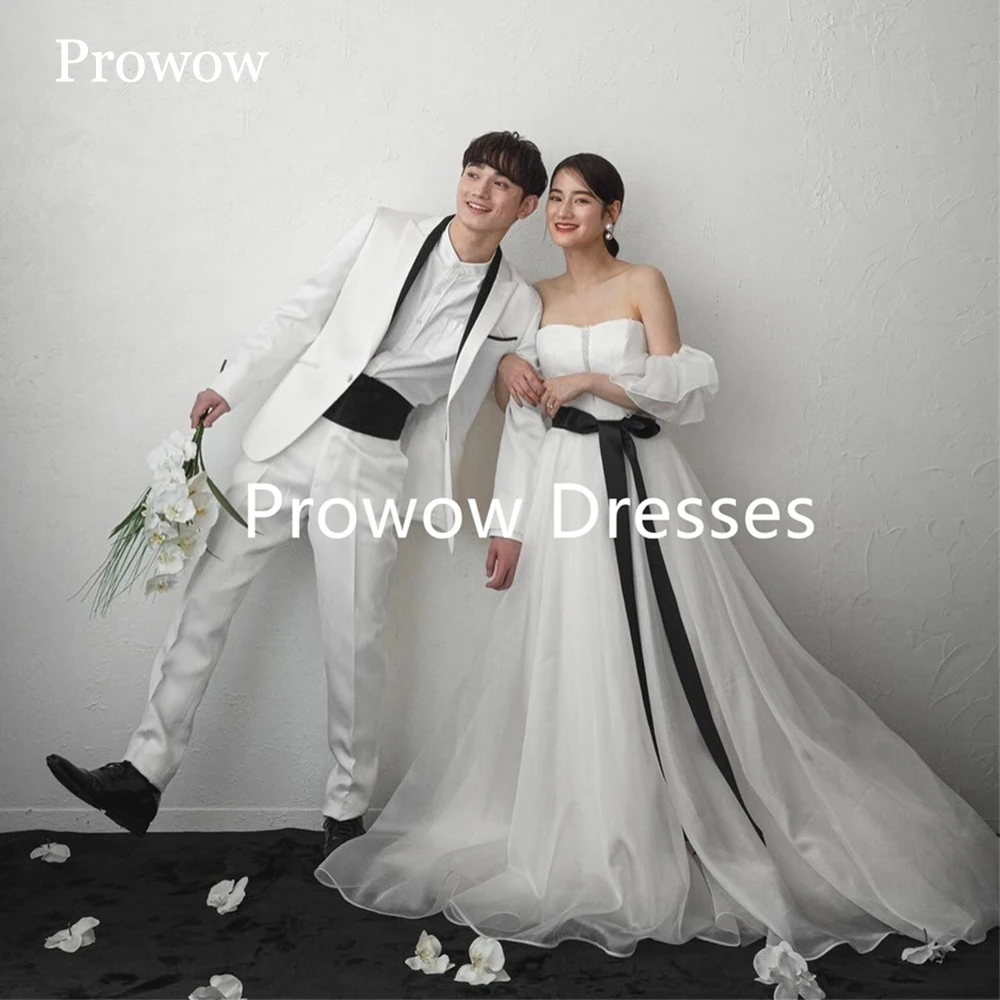 Prowow Simple Strapless A Line Wedding Dresses with Detachable Sleeves Floor Length Pleats Bride Gowns Black Sashes Customized