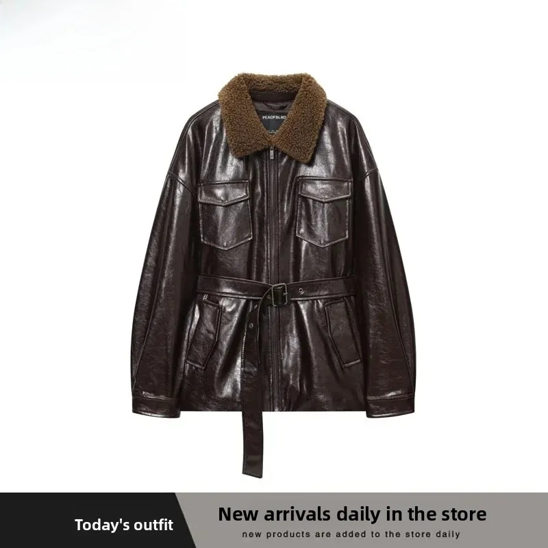 Fashionable Versatile Coated Button Jacket Women's Short Outerwear Polyester Fiber Long Sleeve Turn-down Collar Jacket