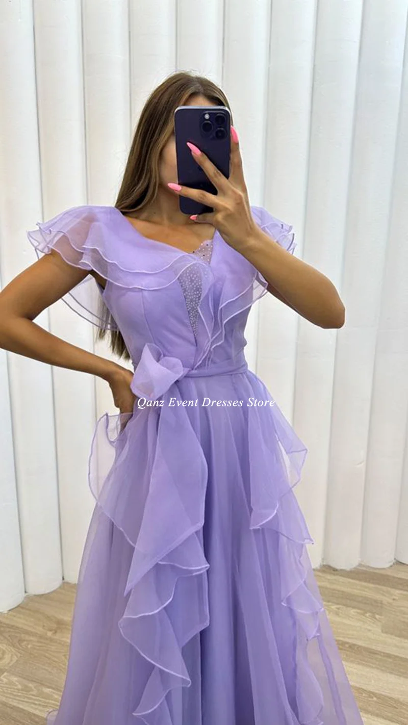 Qanz A-line Lavender Evening Dresses Tiered Tulle With Belt Long Vestidos De Noche Party Dresses Gala Robes De Soirée Customized