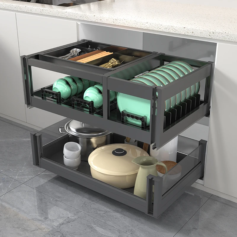 

Выдвижная корзина-органайзер 2-в-1 из алюминия с направляющими для ящиков