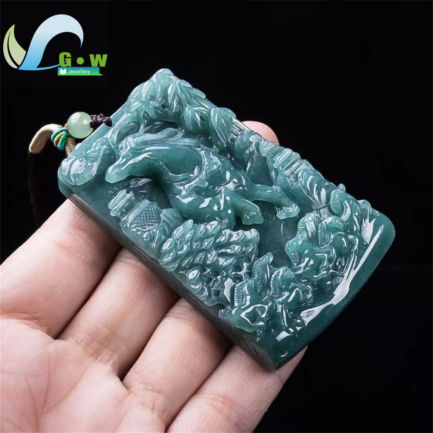 Natural A Grade Jadeite Blue Water Horse Brings Wealth Plaque Pendant Icy Fortune Hanging Ornament Unisex Jewelry Gift