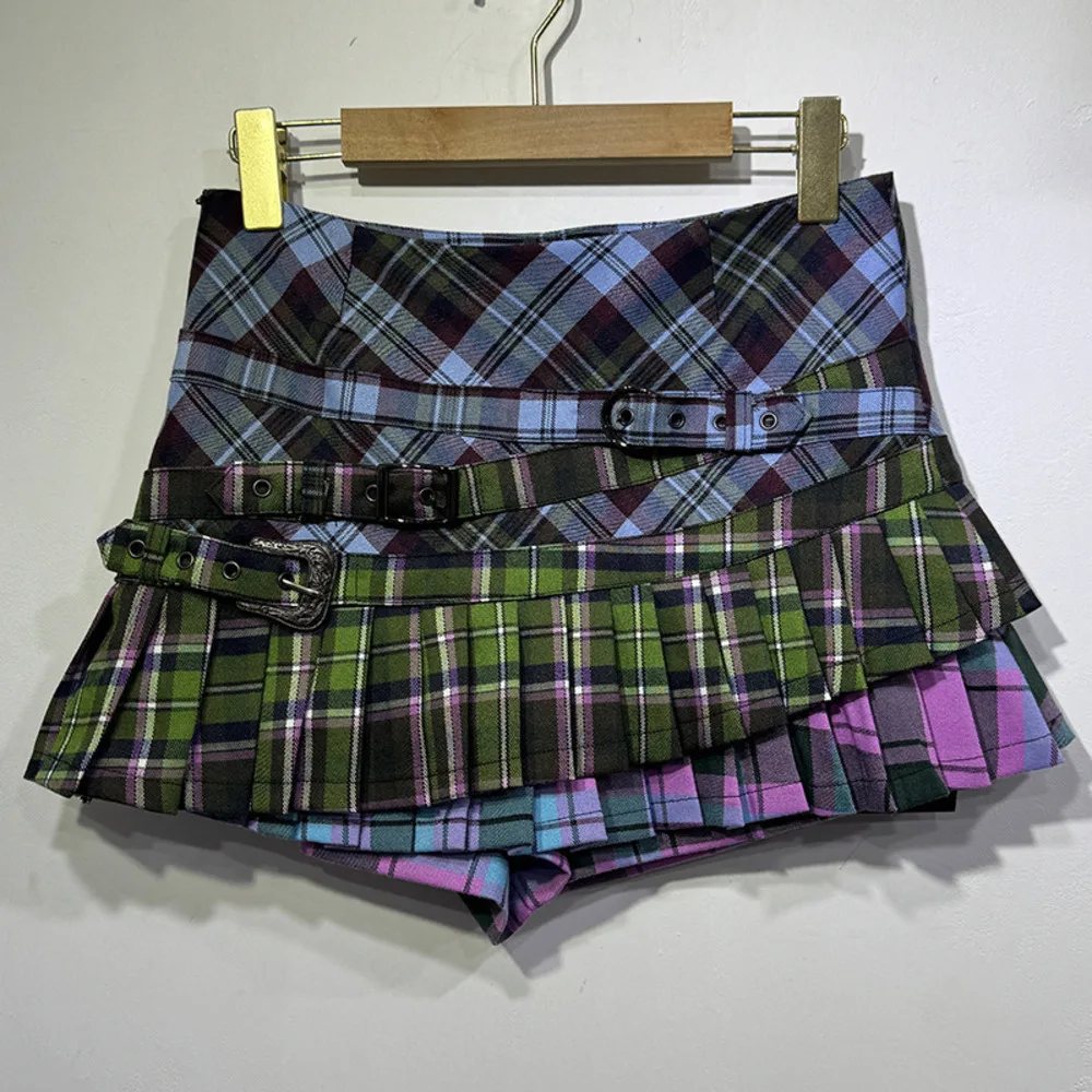 

Y2K Retro Plaid Skirt Womens Summer Short Skirt with Patch Belt Cargo Pleated Mini Skirt Cute Grunge Aesthetic Skirt