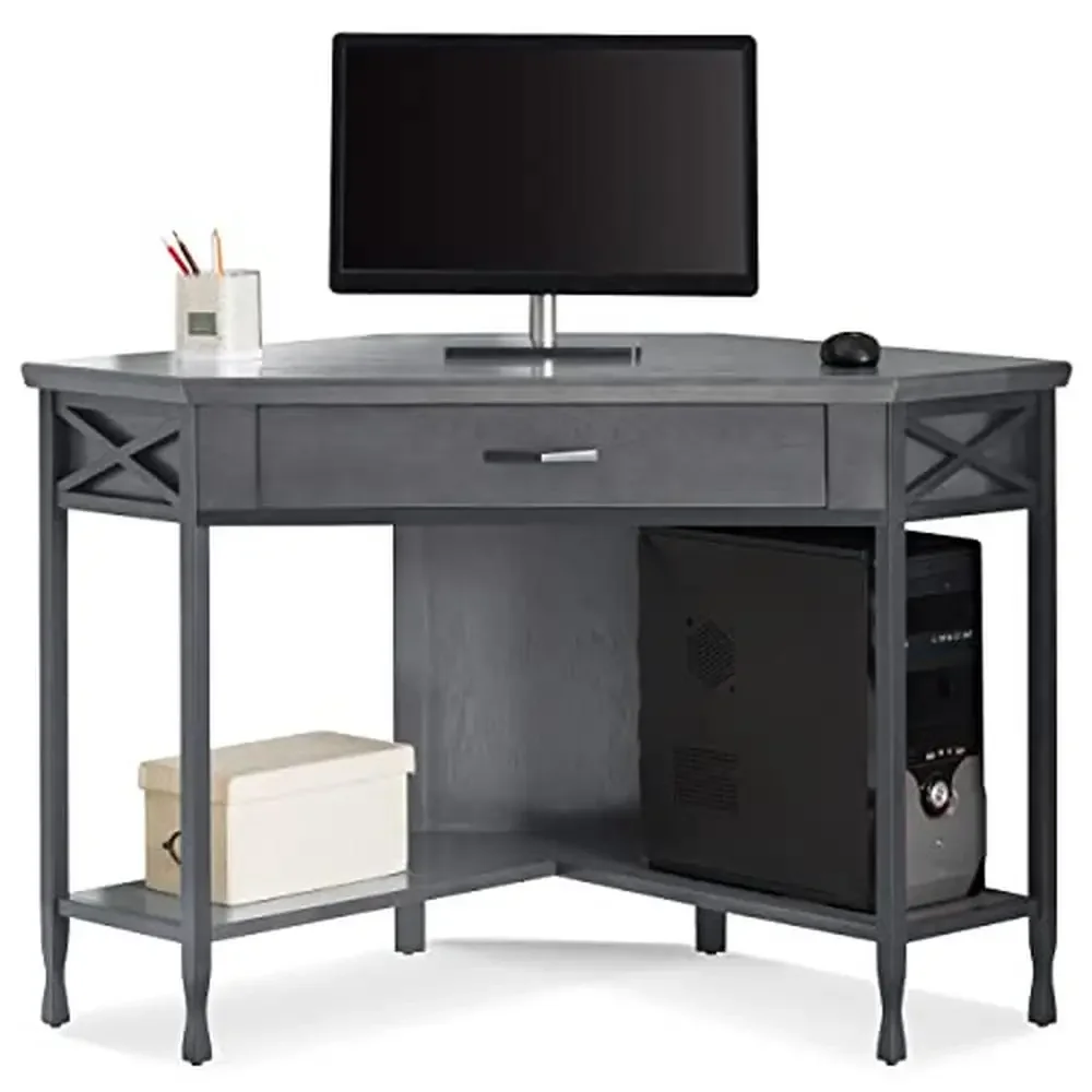 Corner Computer Desk Matte Black Metal Base X Side Ball-Bearing Drawer Drop Down Wire Grommet Rectangular Writing 1 Drawer