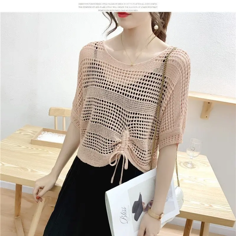 Hollow Out Blouse with 2024 New Batwing Sleeve Drawstring Top for Women