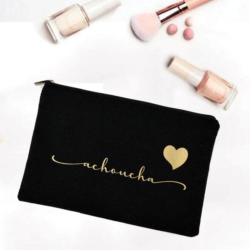 Canvas Custom Name Cosmetic Case Personalized Makeup Bag Holiday Wedding Bridesmaid Gold Letter Print Bachelorette Party Gifts