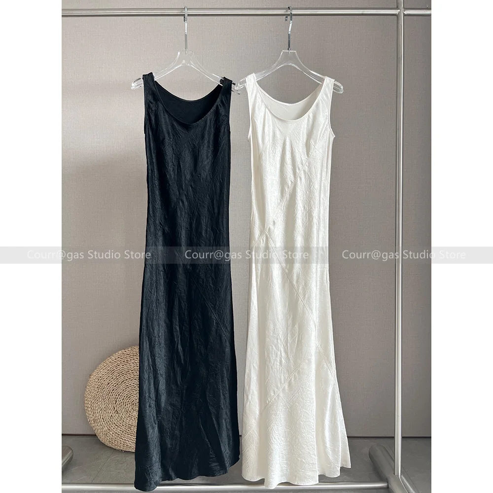 

New advanced sense of wrinkled texture sense of acetic acid three-dimensional division U-neck sleeveless vest dresses