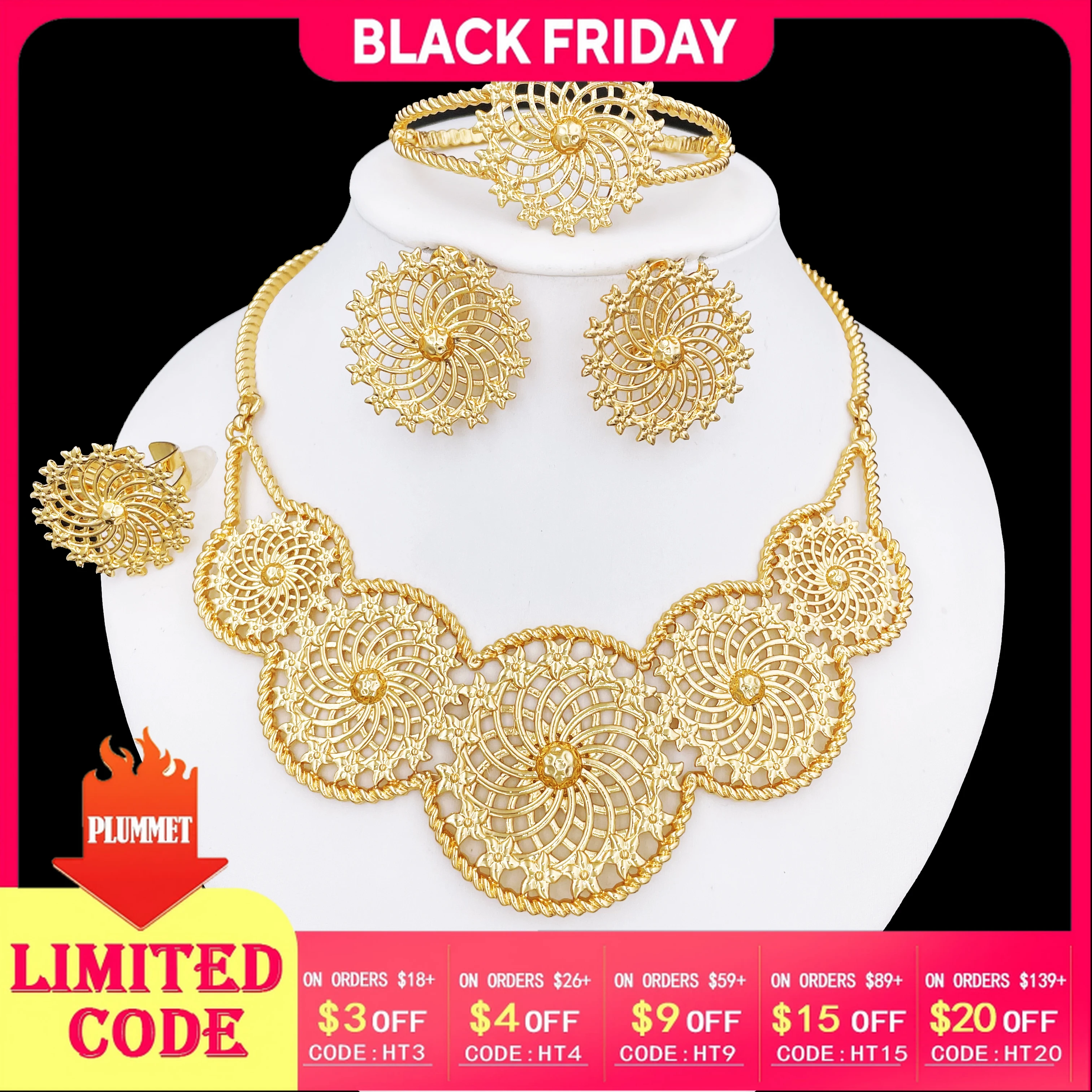 

High Quality Gold Plated Women Necklace Earrings Bracelet And Ring Full Set Jewelry Dubai Nigeria Trending Wedding Party Gift
