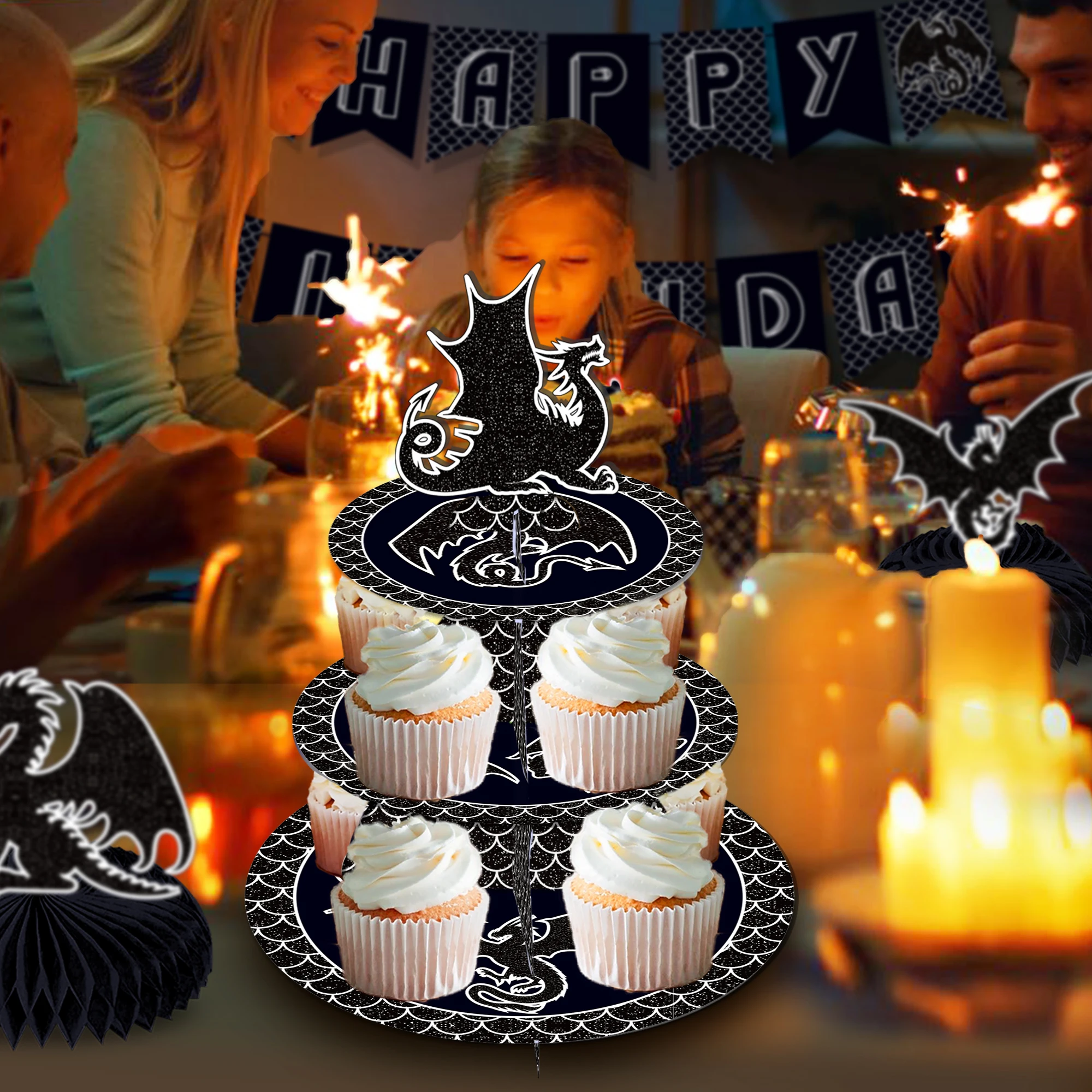 3 Tier Black Dragon Party Cake - đánh giá và giá Cupcake Stand Tier