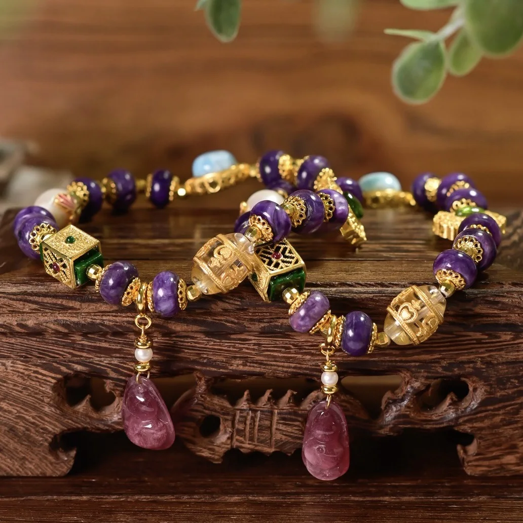 

Charoite Multi-Gem Bracelet, 925 Silver Jade Larimar Pearl Tourmaline Pendant Treasure